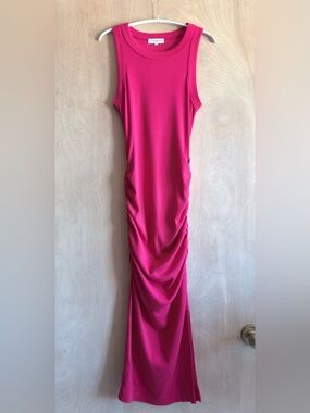 Michael Stars Wren Ribbed Midi Dress Ruched French Rose Pink Side Slit Womens XS
